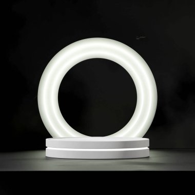 sahne mockup beyaz ışıklandırılmış silindir podyum kare siyah duvar arkaplan, 3d görüntüleme