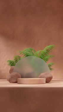 scene template brown podium in portrait palm plant, rock, and glass backdrop, 3d render image clipart