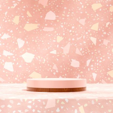 3D görüntü oluşturma şablonu pembe ve ahşap desenli podyum kare terrazzo desenli duvar.