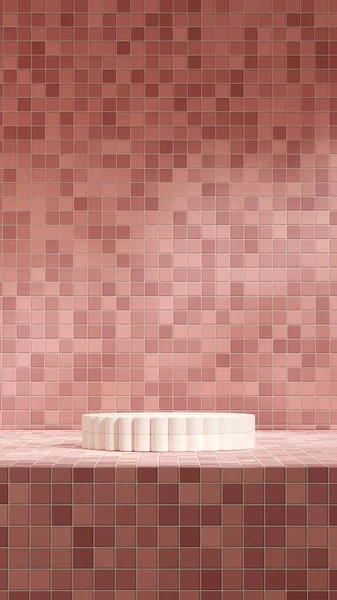 in portrait pink tile pattern wall, 3d render image blank mockup light yellow cylinder podium