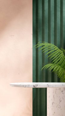 yeşil duvar ve araceae palmiyesi, 3D resim boş model beyaz mermer masa podyumu portrede