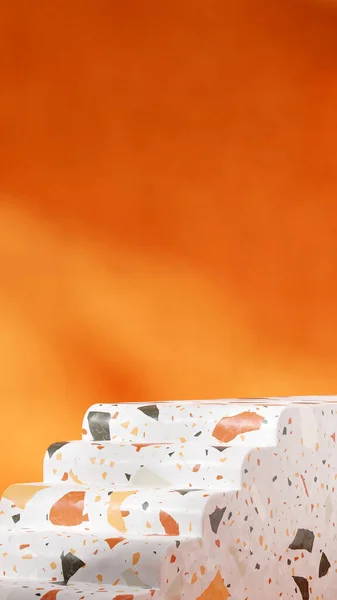 Escena Maqueta Blanco Texturizado Terrazo Podio Pared Color Naranja Mínimo — Foto de Stock