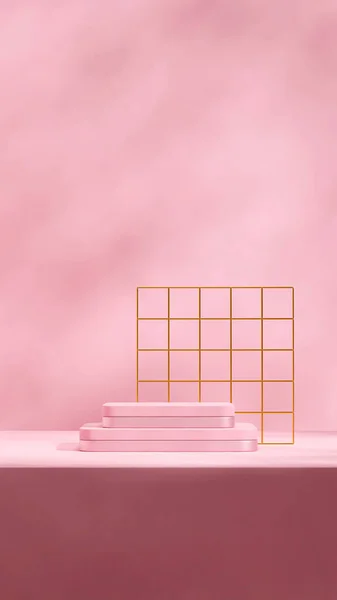 Розовый Цвет Блока Подиум Портрете Золотая Сетка Фон Делает Пустой — стоковое фото