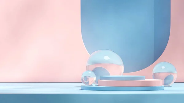 ピンクと青の円筒形のガラスの背景で3Dの空の空間をレンダリングし — ストック写真