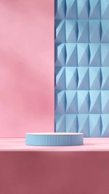 3d resim, boş sahneyi portre pembe renk duvarı ve soyut dcor ile beyaz üstteki mavi podyuma dönüştür