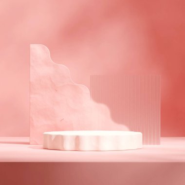 kare cam, pembe nesne ve duvar, 3D görüntü şablonu beyaz eğri silindir podyumu
