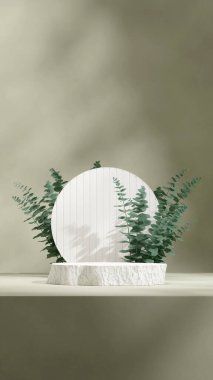 kaba beyaz podyum portre çember arka planı ve okaliptüs yaprağı, 3 boyutlu boş model