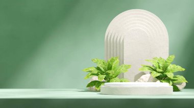 Kemer şekli ve yeşil bitki, 3D görüntüyü boş alan beyaz seramik podyum manzarada
