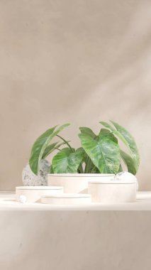 3d resim portre mermer küre ve yeşil bitki içinde boş silindir beyaz podyum oluşturur