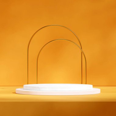 Kare altın rengi kemer ve sarı duvar, 3d şablon modelleme beyaz silindir podyumu
