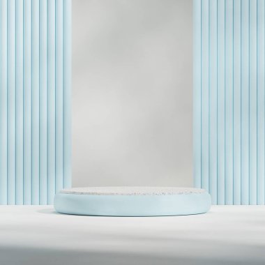 Beyaz arkaplan ile, 3d görüntüyü kare içinde boş biçimlendirme mavi podyumu