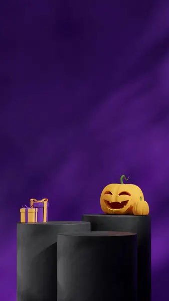 Maqueta Escena Simple Podio Halloween Retrato Con Regalos Calabazas Renderizado — Foto de Stock