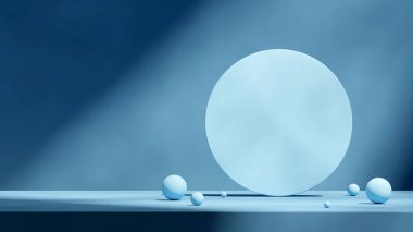 peyzaj büyük daire silindir ve küre, üç boyutlu resim boş alanı mavi zemin rengine dönüştürür 