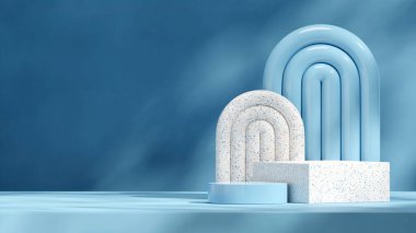 boş model beyaz terrazzo desenli podyum peyzaj kemeri ve duvar, 3D görüntü