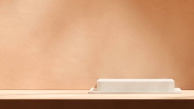 Kahverengi minimal duvar, 3D boş model beyaz seramik desenli podyum manzarada