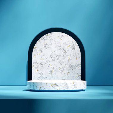 silindir beyaz mermer podyum kare mavi kapı aralığı kemer duvarı, 3d görüntü boş modelleme