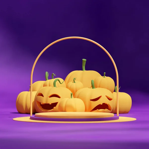 in square jack o\' lantern and pumpkins, 3d rendering blank mockup purple and yellow podium