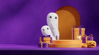 Sarı silindir podyum peyzaj hediye kutusu ve kriko fener, 3D görüntü canlandırma sahne şablonu