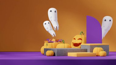 3D görüntüleme şablonu sarı ve beton podyum peyzaj hayaletleri ve balkabağı feneri