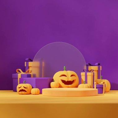 Kare hediye kutusunda sarı silindir podyum ve balkabağı feneri, 3D tasarım şablonu