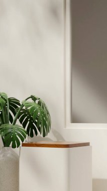 Beyaz seramik vazoda yeşil bitki, portrede 3 boyutlu boş tahta podyum.