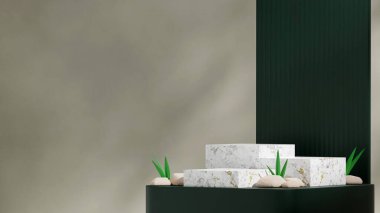 Manzaradaki beyaz mermer podyumun şablonu çimenler ve kayalarla şekillendirilerek 3D