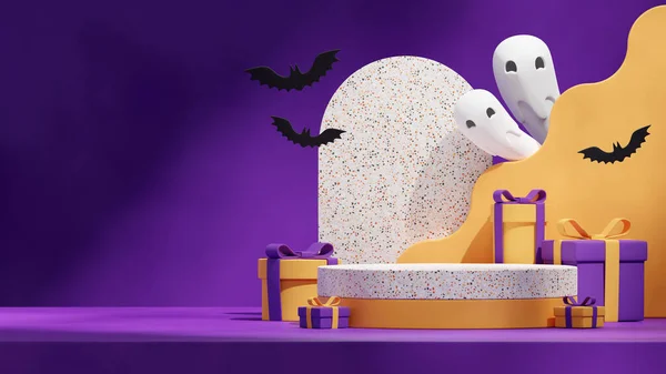 gift box, bat, and ghosts, 3d render scene mockup white terrazzo and yellow podium in landscape