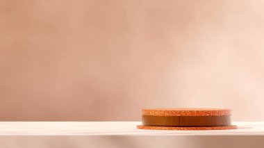 peyzaj bej bej duvarda, 3 boyutlu boş uzay turuncu terrazzo desenli podyum.