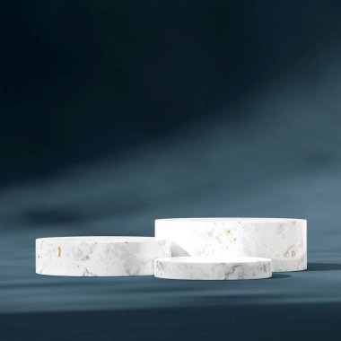 boş sahne beyaz silindir mermer podyum kare koyu mavi eğimli arkaplan, 3D görüntüleme