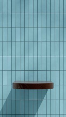 3D görüntü boş ahşap desenli podyumu portre mavisi kartonla kaplıyor.