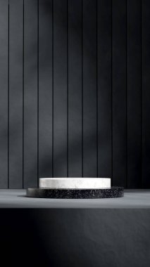 Portre desenli duvarda, 3D görüntüleme şablonu beyaz ve siyah mermer silindir podyum