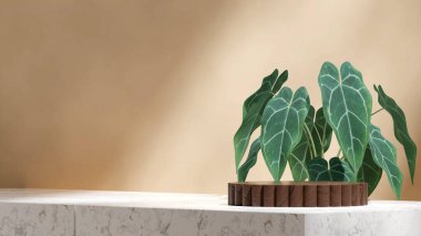 peyzaj yeşil yaprak bitki ve kahverengi duvar, 3D resim boş alan kahverengi ahşap desenli podyum