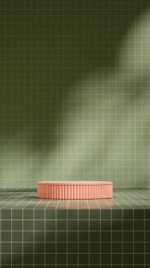 yeşil kiremit duvar arkaplanı, 3D tasvir şablonu portrede pembe somon podyumu