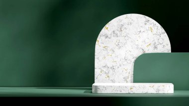 peyzaj kemeri ve kıvrımlı yeşil duvarda, 3D resim modelleme şablonu beyaz mermer podyum