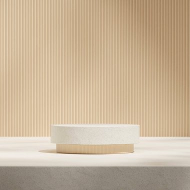 Kare açık kahverengi duvarda seramik desenli silindir podyum, 3D görüntüyü boş oluşturur