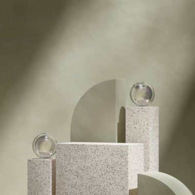 Kare yeşil desenli duvar ile bej terrazzo podyumu, 3D görüntü düzenleme şablonu