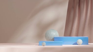 3D görüntüleme şablonu yeşil küre ve kırmızı perde içinde parlak mavi dikdörtgen podyum