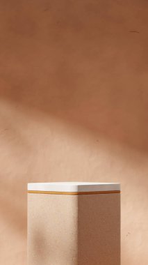 3D boş alanı portrede beyaz ve kahverengi terrazzo podyumuna çevirin kaba desenli duvar