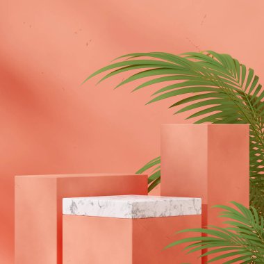 3D görüntüleme sahnesi beyaz mermer blok podyum kare turuncu duvar ve palmiye ağacı