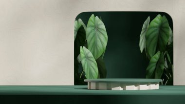peyzaj calathea bitki ve bej duvar, 3D resim boş mockup yeşil renkli silindir podyum