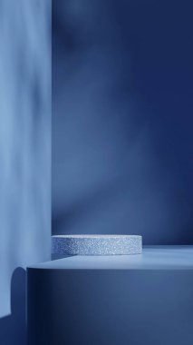 terrazzo silindir podyum portre mavi renkli duvar, 3D görüntüleme boş boşluk