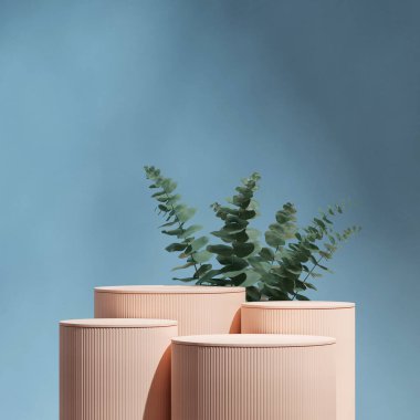 3D sahne şablonu okaliptüs yaprağı ve mavi duvar şeklinde bej kırmızı podyum hazırlanıyor