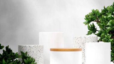 Yeşil yeşillik ve beyaz arkaplanlı 3D model beyaz podyum