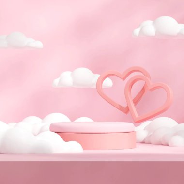 boş boşluk pembe podyum beyaz bulutlu, 3d görüntülü