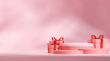 Güller ve kalp şeklinde mevcut kutuyla pembemsi podyum, 3D görüntü oluşturma şablonu