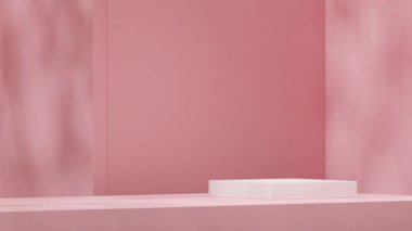 Pembe duvar arka planına sahip, en az 3D modelleme şablon beyaz podyum görüntüsü