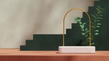 Altın kemer, yeşil bitki ve merdivenler 3 boyutlu video görüntülerinde boş model doğa terrazzo podyumu kusursuz gölgeli animasyon döngüsü