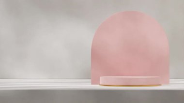 Pembe podyumun arka plandaki minimal 3D canlandırma videosu. Arkaplanı kemerli ve manzarada beyaz duvar var.