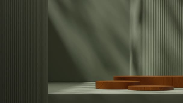 3Dレンダリングテンプレートのビデオ 風景の緑の柱と壁の茶色の木の質感表面の背景モックアップ — ストック動画
