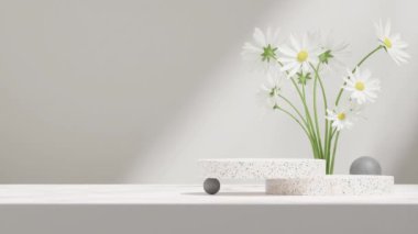 Asgari boşluk videosu 3D tasarım podyumu desenli küre ve papatya çiçekleriyle